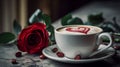 a cup of coffee with a heart and roses generated by artificial intelligence