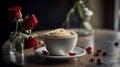 a cup of coffee with a heart and roses generated by artificial intelligence