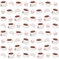 Seamless pattern of coffee Cup and saucer, muffin and croissant