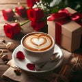 Cup of coffee with heart shape and gift box on wooden table