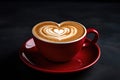 Cup of coffee with heart shape latte art on black background, Cup of cappuccino with heart shape on foam, AI Generated