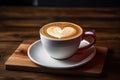 Cup of coffee with heart shape latte art on wooden table, Cup of cappuccino with heart shape on foam, AI Generated