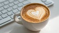 A cup of coffee with heart-shaped latte art placed beside a computer keyboard on a white desk for a cozy work or study environment Royalty Free Stock Photo