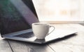 Cup Coffee Home Office Workplace With Laptop And Graph Royalty Free Stock Photo