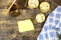 cup coffee with homemade chocolate chip cookies with honey jar and empty card paper on wood table Royalty Free Stock Photo