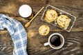 cup coffee with homemade chocolate chip cookies with honey jar on wood table Royalty Free Stock Photo