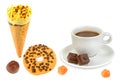 Cup of coffee, ice cream, cookies, chocolate and marmalade isolated on a white . Collage Royalty Free Stock Photo