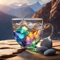 A cup of coffee with ice cubes on the background of mountains.