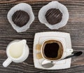 Cup of coffee, jug milk, two cake and lumpy sugar Royalty Free Stock Photo