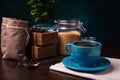 cup of coffee and jute bags, wooden container, cane sugar Royalty Free Stock Photo
