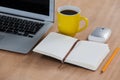 Cup of coffee with laptop, organizer, pencil and mouse Royalty Free Stock Photo