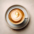 Cup of coffee with latte art on beige background, top view Royalty Free Stock Photo
