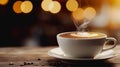 Cup of coffee with latte art and steam on wooden table on blurred background Royalty Free Stock Photo