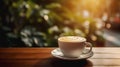 Cup of coffee with latte art and steam on wooden table on blurred background Royalty Free Stock Photo