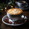 Cup of coffee with latte art on wooden table, square image