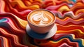 A cup of coffee latte on a colorful background with swirls and flowing lines. Generative AI