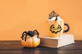 Cup of coffee latte garnish spider web and coming black spider. Halloween holiday treat Royalty Free Stock Photo