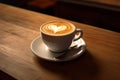 Cup of coffee latte with heart shape and coffee beans on old wooden background. Generative ai Royalty Free Stock Photo