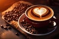 Cup of coffee latte with heart shape and coffee beans on old wooden background. Generative ai Royalty Free Stock Photo