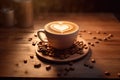 Cup of coffee latte with heart shape and coffee beans on old wooden background. Generative AI Royalty Free Stock Photo