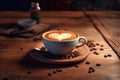 Cup of coffee latte with heart shape and coffee beans on old wooden background. Generative AI Royalty Free Stock Photo