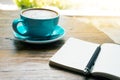 Cup of coffee latte with notepad top view on wooden