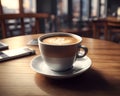 A cup of coffee latte and roasted coffee beans on a wooden table in a modern coffee shop view