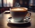 A cup of coffee latte and roasted coffee beans on a wooden table in a modern coffee shop view