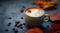 A cup of coffee lattee on the table. stilllife darkmood with autumn concept. Generative Ai Royalty Free Stock Photo