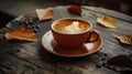 A cup of coffee lattee on the table. stilllife darkmood with autumn concept. Generative Ai Royalty Free Stock Photo