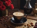 A cup of coffee with a leaf design on top of a saucer and a vase of red roses Royalty Free Stock Photo