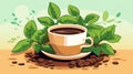 a cup of coffee with leaves and coffee beans on the ground Royalty Free Stock Photo