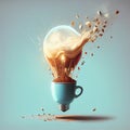 Cup of coffee with light bulb, splashes, creative and innovative mind, explosion of ideas, brainstorming for solutions