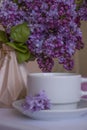 Cup of coffee, lilac flower in the apartment celebration