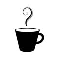 Cup with coffee, logo in black colour isolated on white background. Decorated with swirl steam, elegant and simple design element Royalty Free Stock Photo
