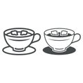 Cup of coffee with lumps of sugar on saucer line and solid icon, hot beverages concept, mug vector sign on white Royalty Free Stock Photo