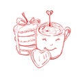 Cup of coffee, macarons and heart shape chocolate candy isolated sketch. Vector illustration of postcard on February 14