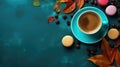 A cup of coffee, macaroons and autumn leaves on a turquoise, wooden background. Top view with copy space. Generative AI.