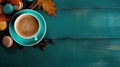 A cup of coffee, macaroons and autumn leaves on a turquoise, wooden background. Top view with copy space. Generative AI.