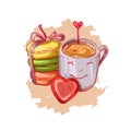 Cup of coffee, macaroons and heart shape chocolate candy isolated sketch. Vector illustration of postcard on February 14