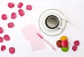 Cup with coffee and macrons, pen and note paper Royalty Free Stock Photo