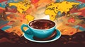 a cup of coffee with a map of the world in the background Royalty Free Stock Photo