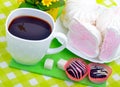 Cup of coffee with marshmallows and chocolate candies on a green Royalty Free Stock Photo