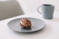 Cup of coffee with marshmallows and flowers on the table. Romantic morning. Tasty breakfast. Flat lay, top view, copy space. Royalty Free Stock Photo