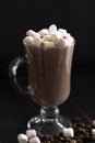 Cup of coffee with marshmallows. glass of cappuccino with cream on a dark table.