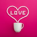 Cup of coffee and marshmallows on pink background. Heart symbol and quote Love. Flat lay. Top view Royalty Free Stock Photo