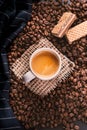 Cup of coffee in the middle of coffee beans with biscuits and tablecloth. Grained product. Hot drink. Close up. Harvesting. Natura