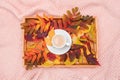 Cup of coffee with milk and colorful leaves on wood tray on pink pastel knitted plaid background. Autumn cozy. Flat lay, top view Royalty Free Stock Photo