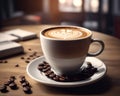 A cup of coffee latte and roasted coffee beans on a wooden table in a modern coffee shop view