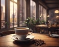 A cup of coffee latte and roasted coffee beans on a wooden table in a modern coffee shop view